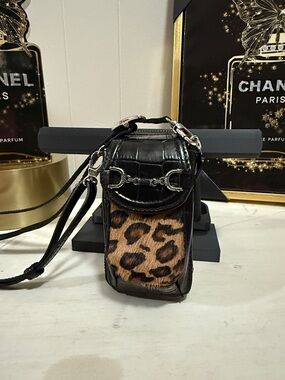 Brighton Vintage Black Leather Crocodile Print with Leopard Fur Panel Crossbody